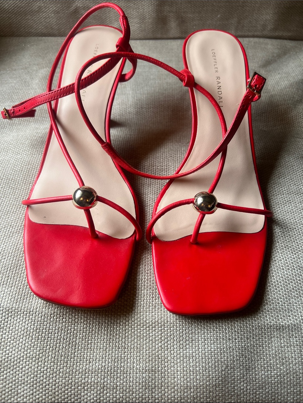 Loeffler Randall Red Strappy Toe-Ring Sandals with Gold Accent